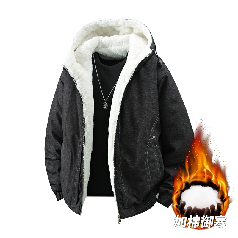 

Autumn and Winter Fashion Imitation Denim Hooded and Velvet Jacket for Men's Outdoor Loose, Warm, Casual Windproof Cotton Jacket