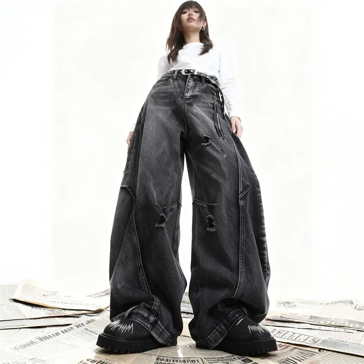 

Джинсы Y2K для женщин, винтажные джинсы-карго с высокой талией, прямые 2024, повседневные свободные джинсовые мешковатые брюки большого размера с широкими штанинами