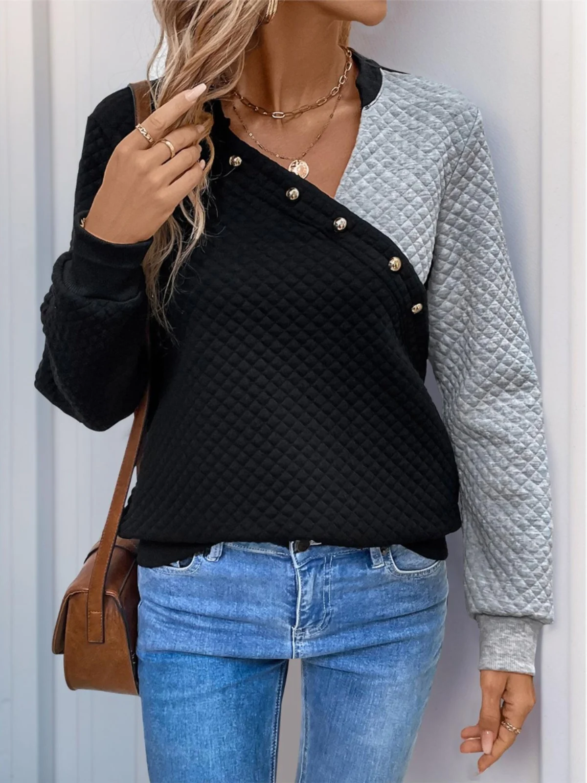 

Женская модная толстовка с цветными блоками, воротником-стойкой, длинными рукавами, V-образным вырезом, для повседневной носки, стандартного кроя, осенняя коллекция