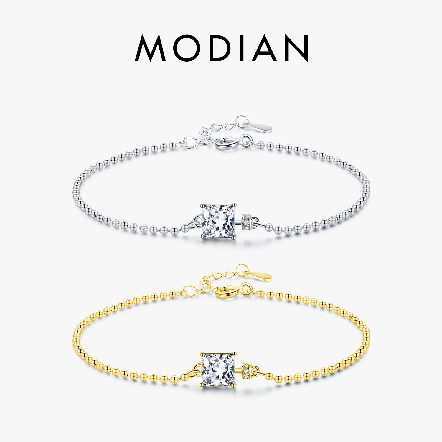

Modian классические квадратные прозрачные браслеты с фианитами, однотонные стерлингового серебра 925 пробы, браслет-цепочка с бусинами для женщин, свадебные ювелирные украшения