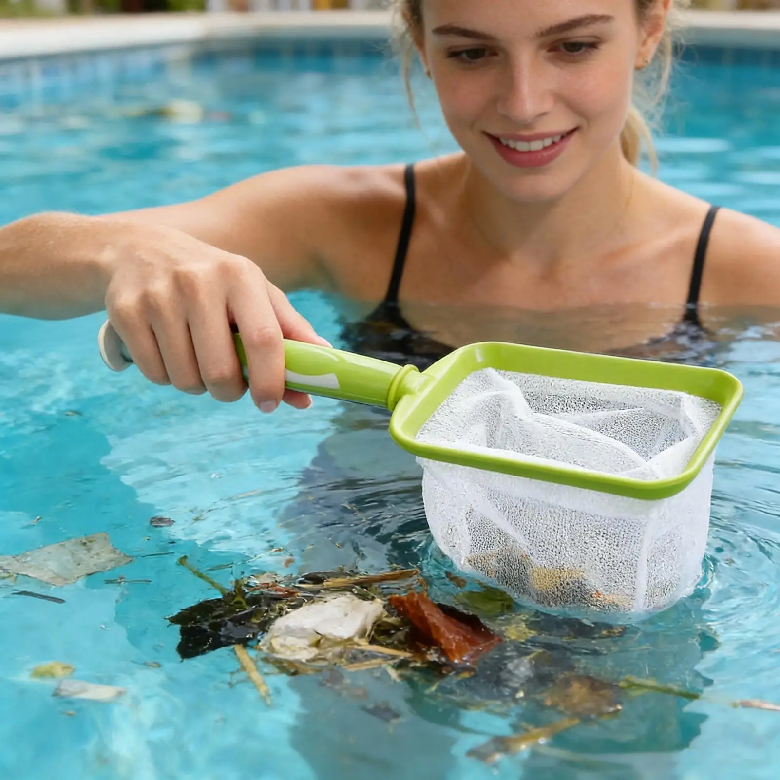 Red de limpieza portátil para piscinas con mango desmontable y malla duradera para limpiar residuos flotantes y algas en estanques.