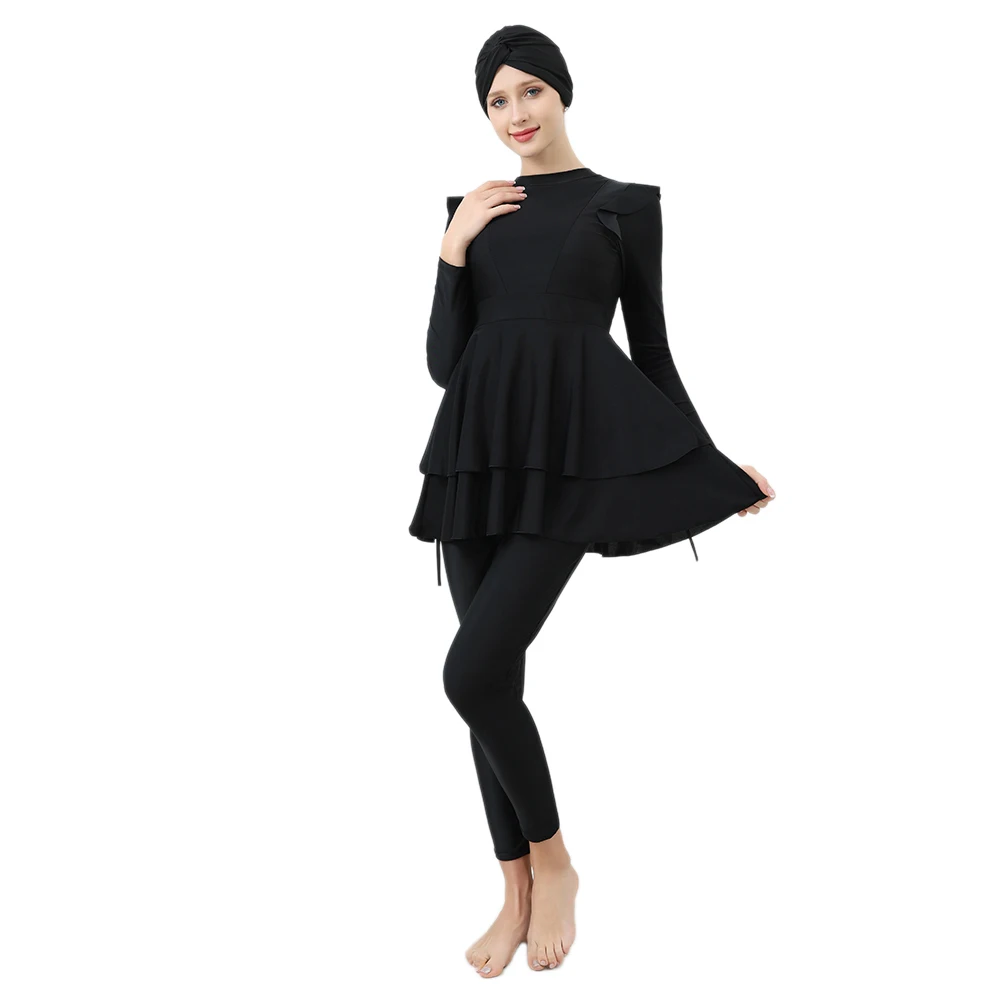 Black Ruffled Sleeve Swimsuit for Muslim Women, Slim Fit Swimwear, Beach Wear with Cap, New Burkini, S-4XL, M002, 3Pcs