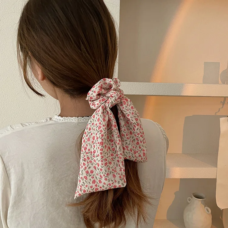 Floral Print Fabric Hair Scrunchie Bow Long Streamer Korean Fresh Style Lightweight Soft Tassel Hair Band for Women