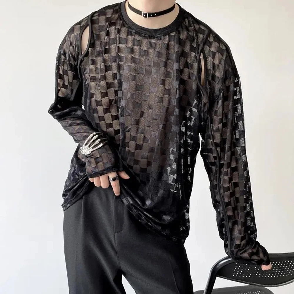 Fashion Mesh Jacquard Hollow Long-Sleeved Translucent T-Shirt Mens Perspective Pullover Bottoming Shirt Sun Protection Clothing