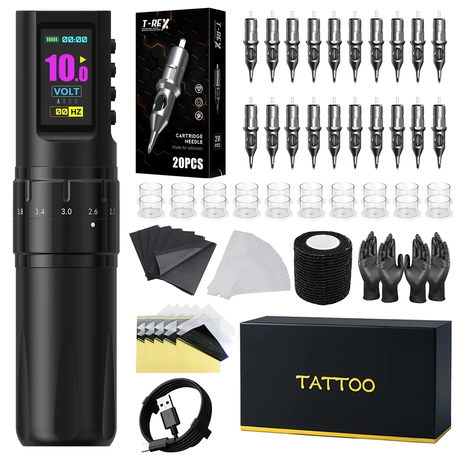 XNET PYRO Tattoo Machine Set Rotating Tattoo Pen Puncture Mode Memory Function 2.0-4.2MM Adjustable Stroke Complete Tattoo Kit