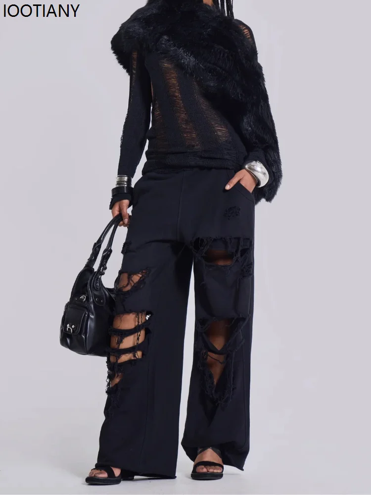 Black Women's Wide Leg Pants Retro Hip Hop Solid Color Sweatpants Ripped Loose Monster Jogger Pants Streetwear Casual
