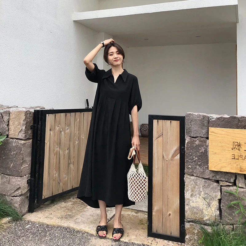 

plus Size Summer Dr Bla ort Sve Women's Clothing Conceal Meat Mid-Length plus Size Dr for plus Size Women