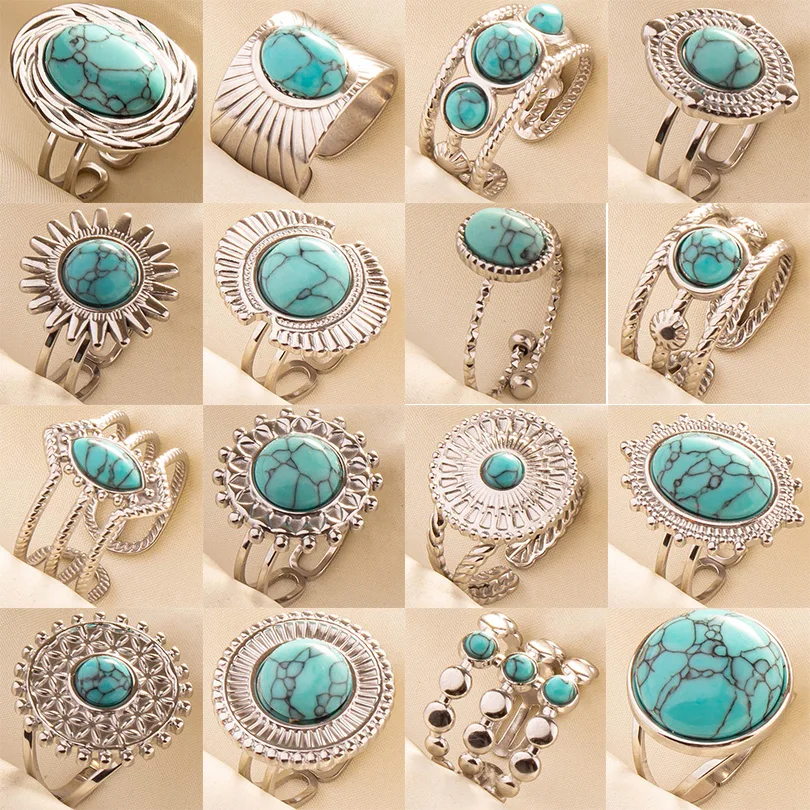 

1pc Boho Turquoise Ring Hippie Stainless Steel Light Blue Gemstone Silver Adjustable Ring Women Ethnic Rings Bohemian Jewelry