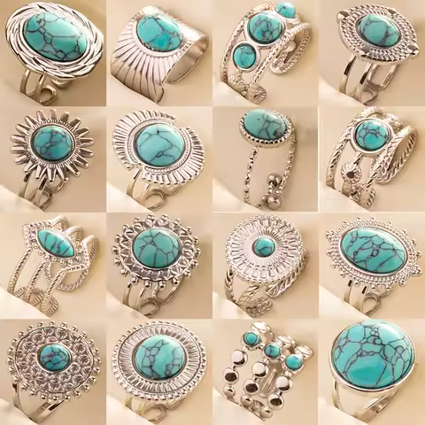 1pc Boho Turquoise Ring Hippie Stainless Steel Light Blue Gemstone Silver Adjustable Ring Women Ethnic Rings Bohemian Jewelry