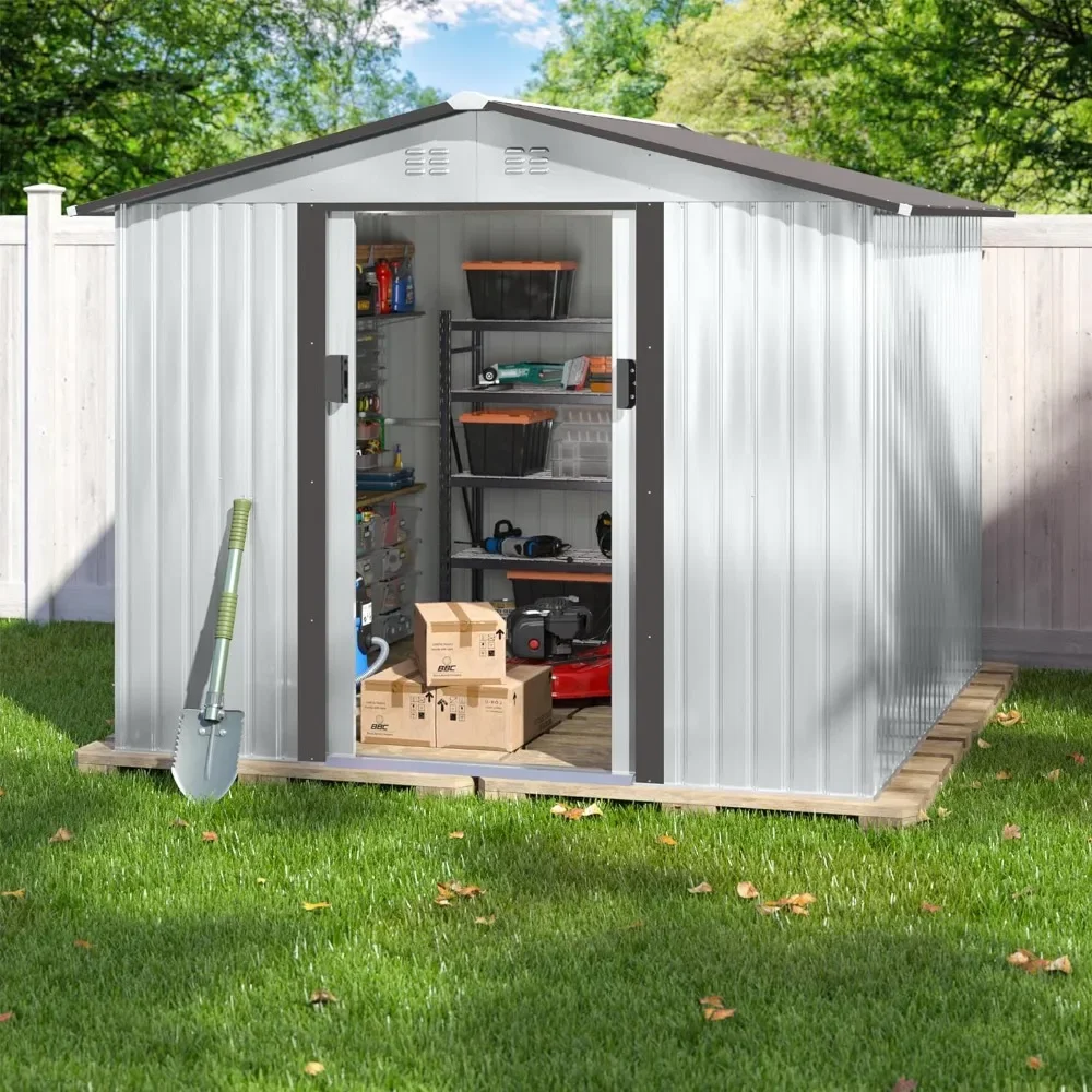 

Outdoor Storage Shed, Large Metal Lockable Outdoor Storage Shed with Sliding Doors and Air Vent , 8x8 FT Garden Storages Sheds