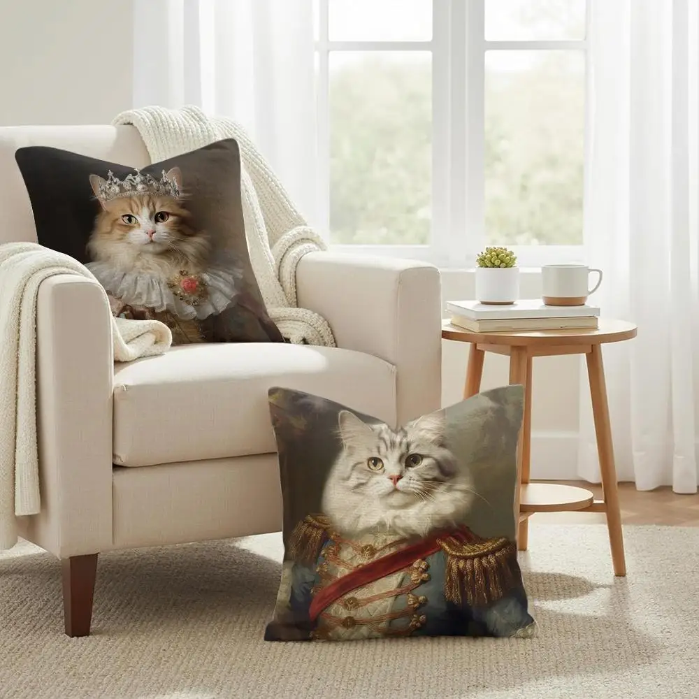 Renaissance Royal Cat Funny Cushion Cover Double-Sided Printed Organic Linen Pillow Cover, Decorative for Sofa Home