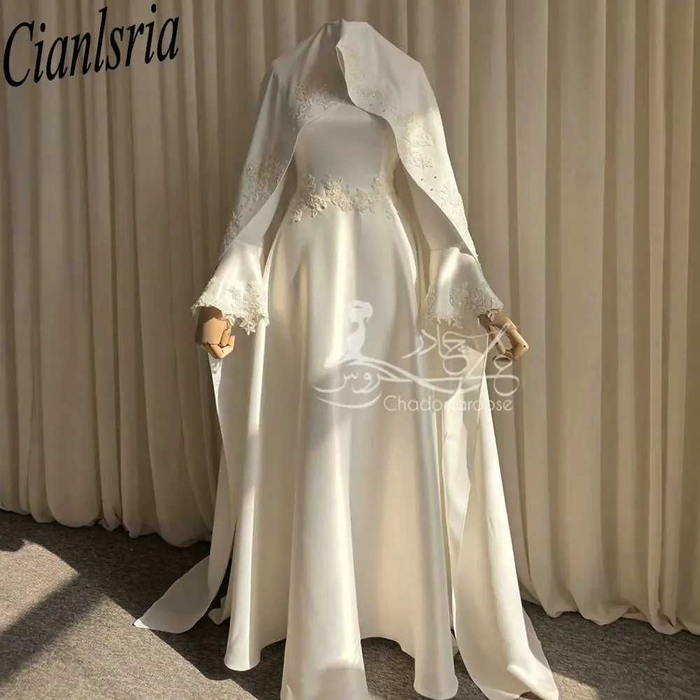 Newest 3D Floral Lace Satin Long Bridal Cape White Floor‑Length Wedding Cloak Muslim Islamic Bridal Cover for Wedding