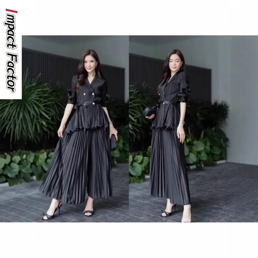 Miyake Pleated Pendulum Pants Casual Solid Color Spring Autumn Pleated Suit Fashionable and Elegant Wide-leg Pants Two-piece Set