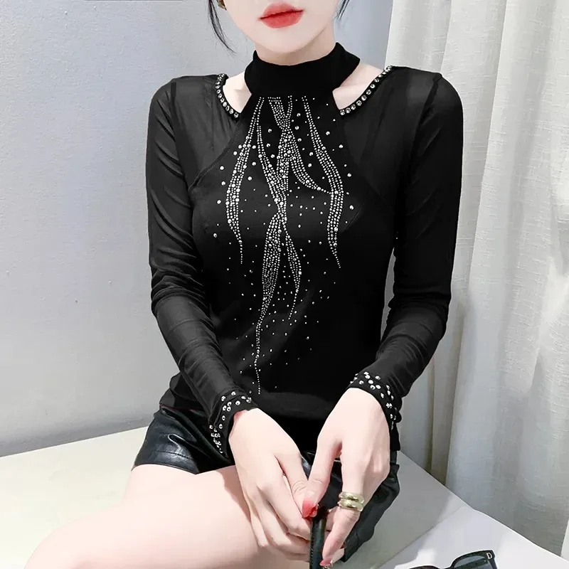 

Mesh Tops Long-sleeved T-shirts for Women New Autumn Winter Sexy Off-shoulder Fashion Bottoming Shirts