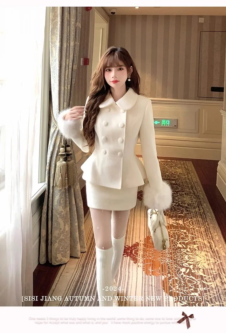 

Autumn/Winter Fur Collar High-end Waist Cinched Wool Coat Mini Skirt Set White Suit Sweet Elegant Two Piece Set Women Outfits
