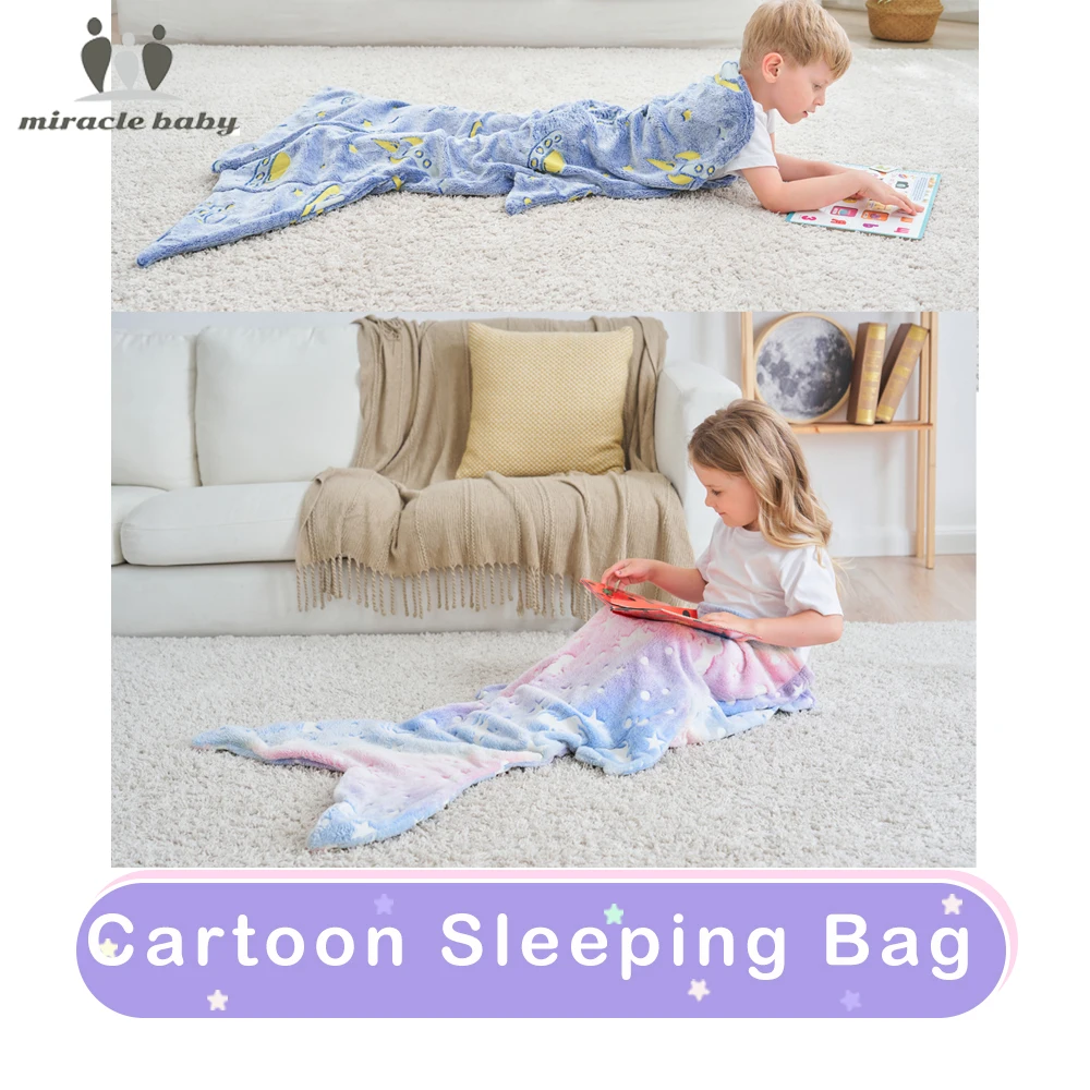 MIRACLE BABY Kids Sleeping Bags Flannel Super Soft warm Cartoon Mermaid Shark Sleeping Bag Best Gift for Kids