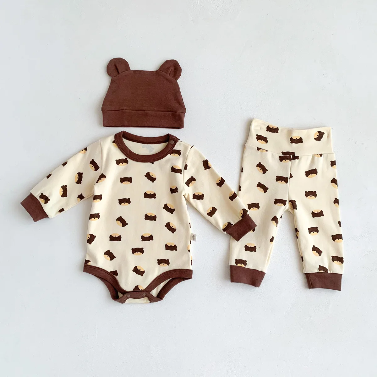 3PCS Set Newborn Baby Clothes 0-24Months Infant Boy Girl Long Sleeve Bear Pattern Cotton Bodysuit Pant Hat Outfits Autumn Suit