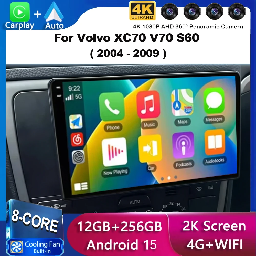 Radio Android para Auto con Carplay, Navegación, Reproductor Multimedia, Estéreo, WiFi+4G, Video, BT, DVD, 2 DIN para Volvo XC70 V70 S60 2004 2005 - 2009