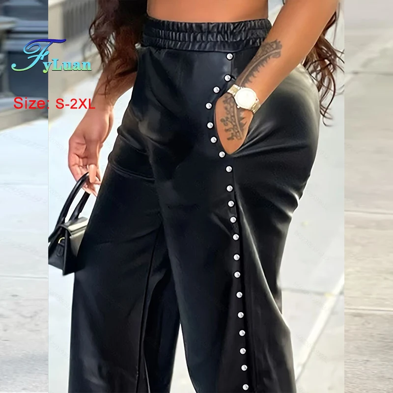 Neue Niet Perlen Design Frauen Leder Hosen Hohe Taille Mode Breite Bein Hosen Gerade Rohr Hosen Longs Feste Weibliche Kleidung