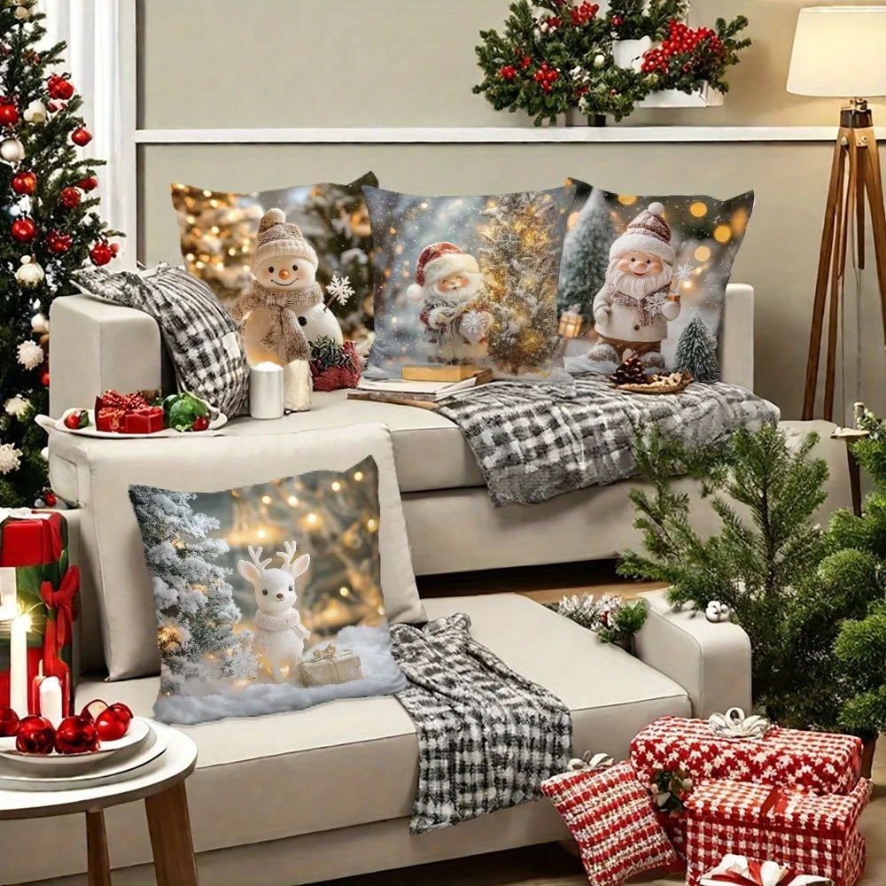 4 fundas  almohada con diseño Santa Claus, estampado doble cara, cierre cremallera, poliéster, decoración para sala,