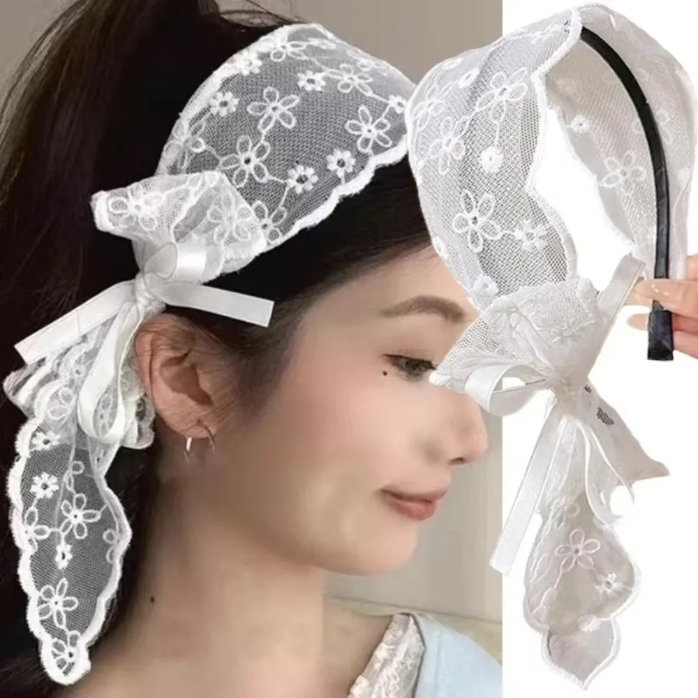 Popular French Style Knot Headband Lace Bow Ribbon Hair Hoops Sweet Wide Ribbon Hair Clip Women