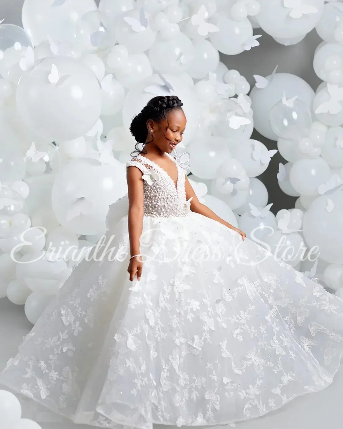 White Flower Girl Dress for Wedding Tulle Puffy Butterfly Applique Kids Birthday Party First Holy Communion Ball Gowns Custom