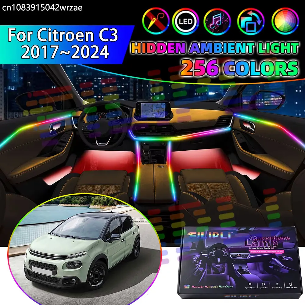 For Citroen C3 2017~2024 SX SY MK3 3th 2018 RGB Car Interior Ambient Lights Strips Breathing Lighting Kit App Control LED strips