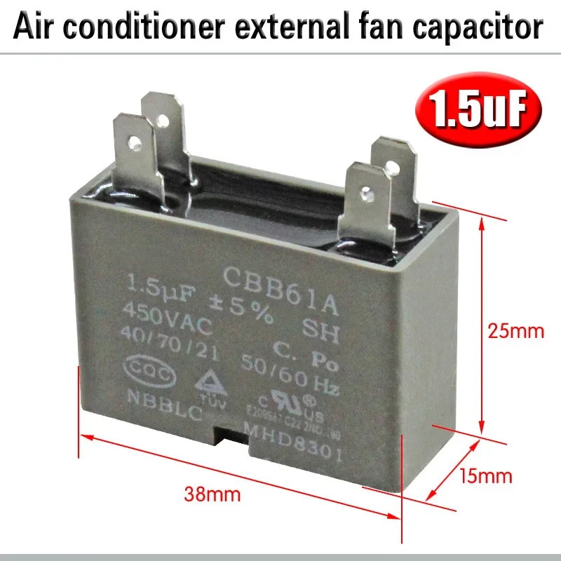 CBB61 Air Conditioner External Fan Starting Capacitor 1.5/2/2.5/3/3.5/4/5/6/8uF 450V Motor Capacitor 4 Insert Flameproof