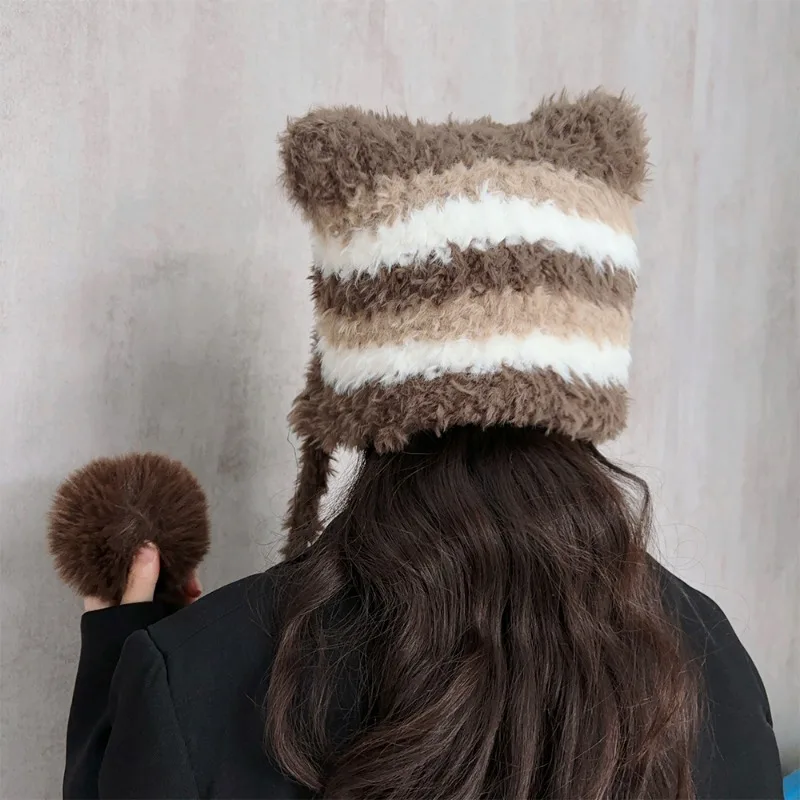 New Cat Ear Stripe Wool Hat Women Double Wool Ball Autumn Winter Warm Long Tie Ear Protection Windproof Knitted Beanies Cap Cute