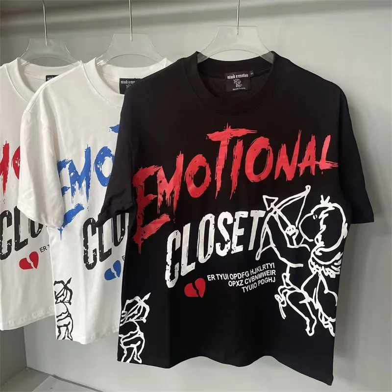 

MIXED EMOTION White Mens T-Shirts American Trend Angel Print Pure Cotton Oversized Short Sleeve