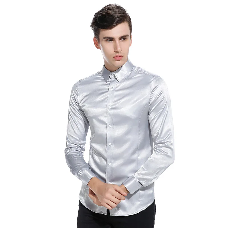 External Model Real Shot European Men's High-quality Casual and Fashionable Glossy Solid Color Long Sleeved Lapel Shirt