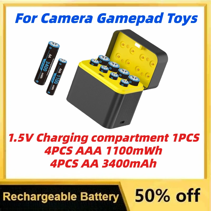 

1.5V AA 3400mWh/AAA1100mWh Rechargeable Lithium Battery Smart Flip - Top Charging Case with 8 Slots for Camer Gamepad and Toys
