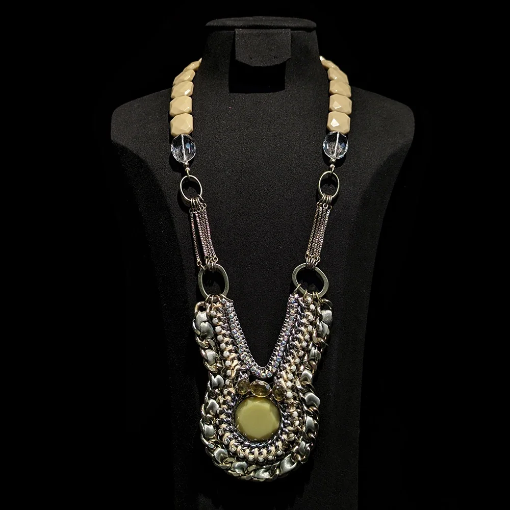 AB/ alloy and acrylic combined with fabric design Bohemian ethnic style exaggerated special necklaces for men and women.