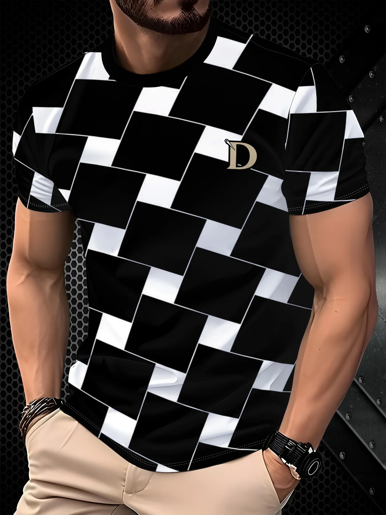 Men Trendy Graphic Tee Shirt, Small Sail Badge With Contrast Stripe Print Short Sleeve Crew Neck Everyday Wear T-Shirt