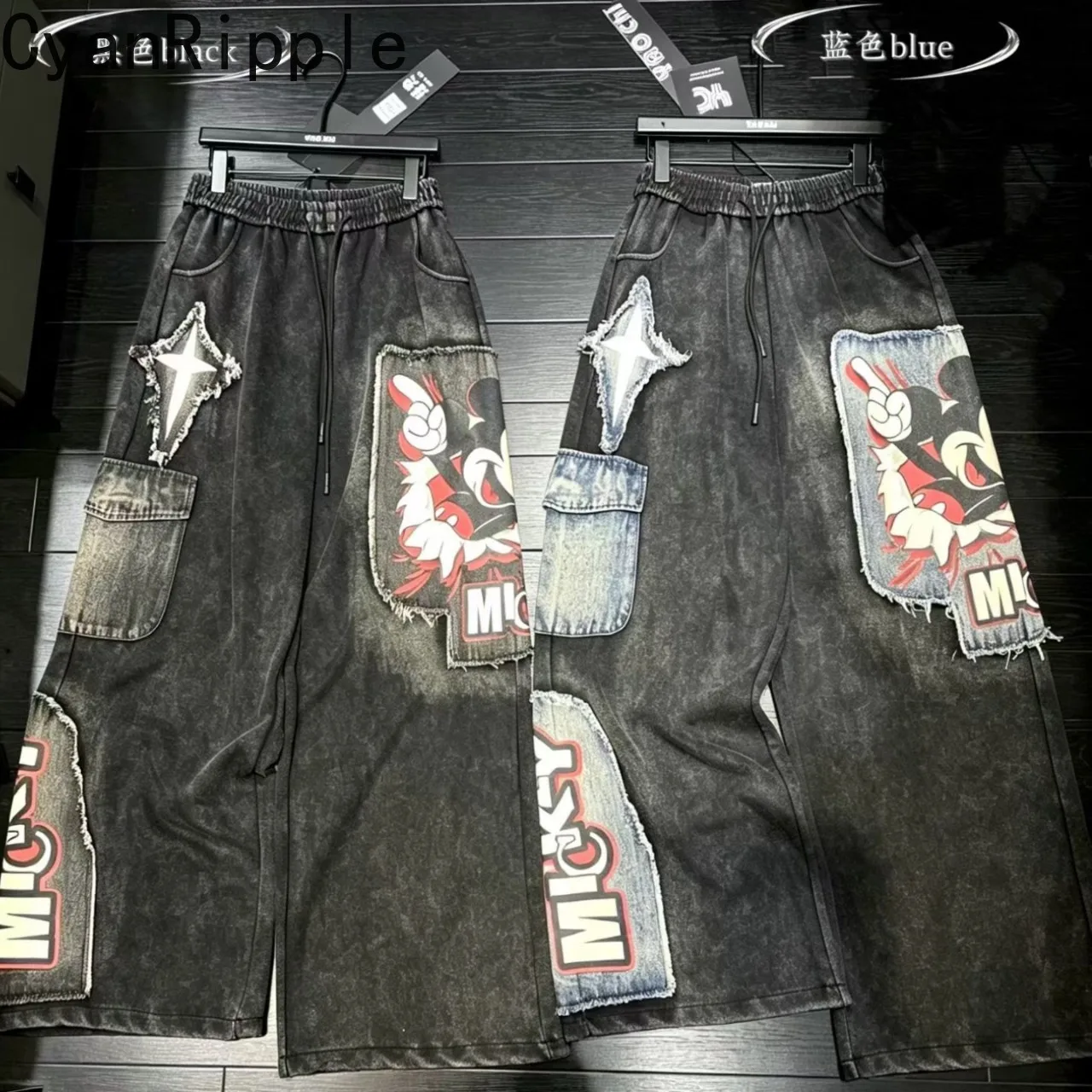 

American Street Vintage Black Gray Women Casual Long Trousers Trendy Mickey Printed Patchwork Denim Elastic Waist Cargo Pants