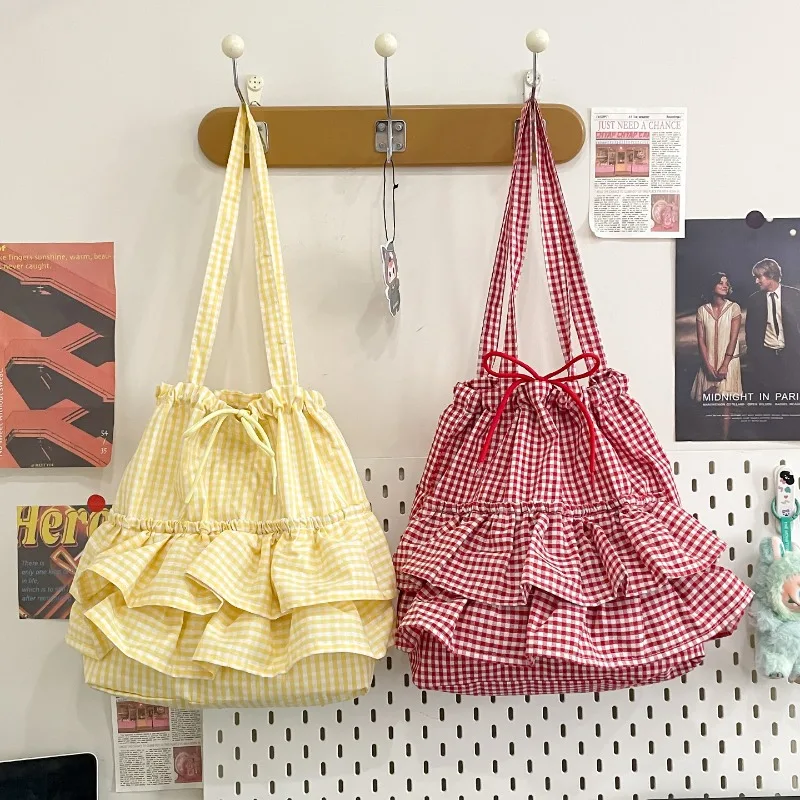 

Sweet Girls Cute Checkered Single-shoulder Bag School-style Large Capacity Lacework Drawstring Tote Fashion Daily Shopping Bag
