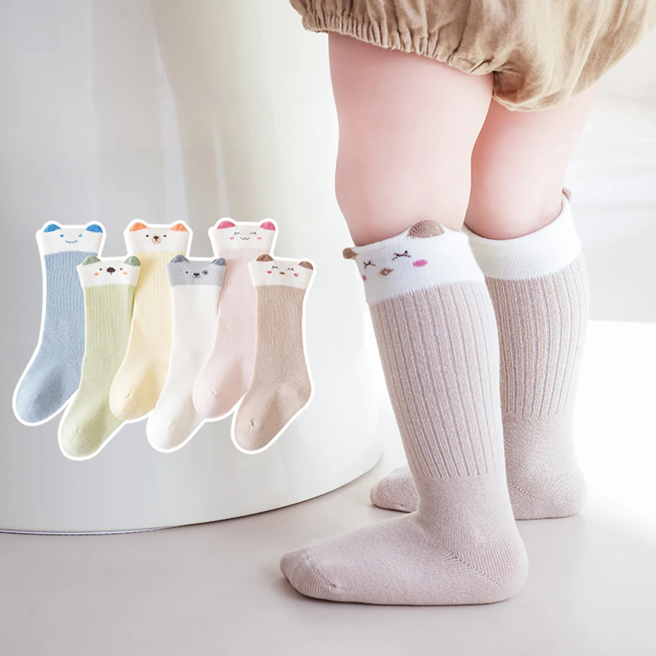 Spring New Baby Long Socks Cute Cartoon Newborn Boy Girl Soft Cotton Knee High Socks Solid Color Elastic Toddler Kids Socks