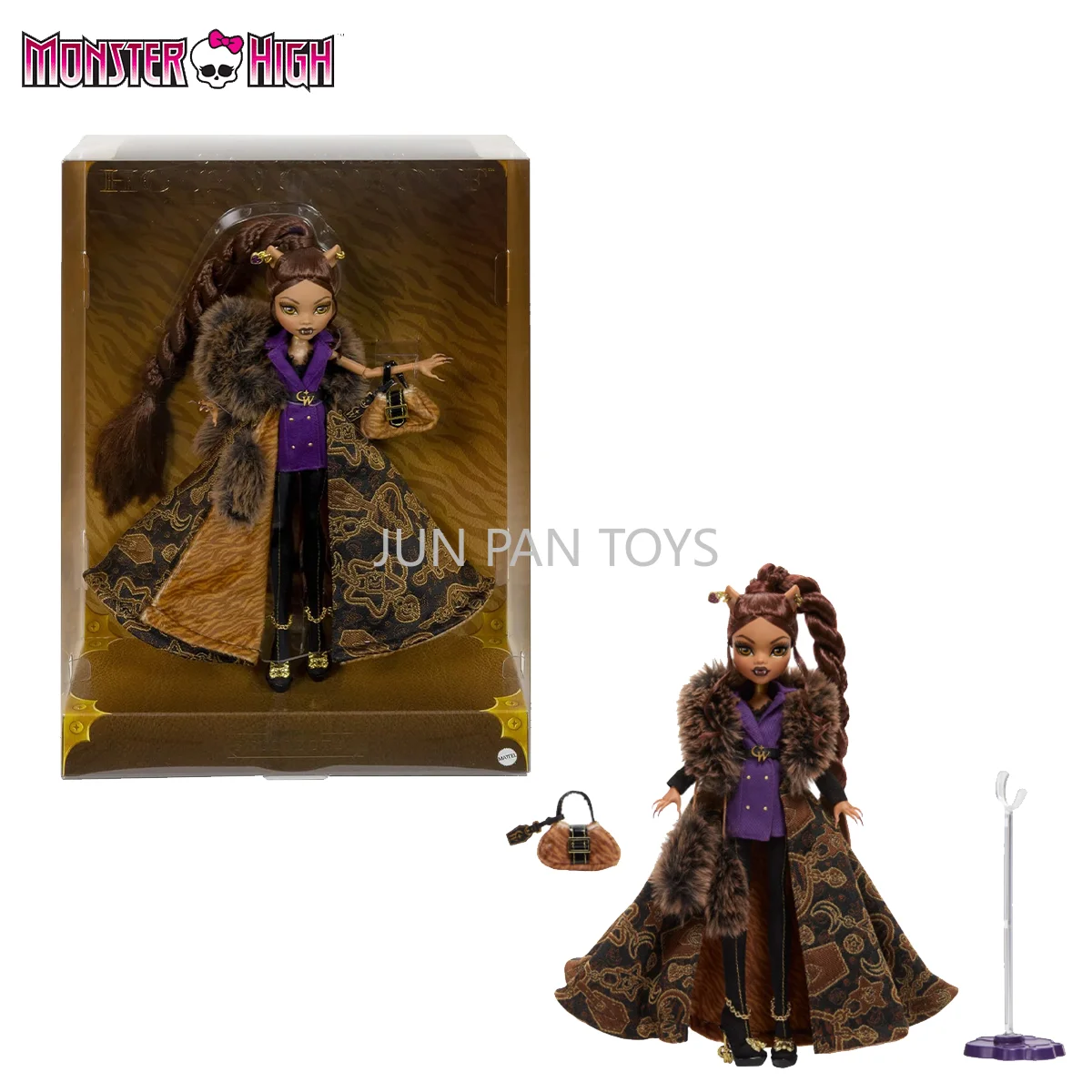 Muñeca Coleccionable Original Monster High Clawdeen Wolf House of Wolf, Muñeca de Moda con Abrigo de Piel Sintética Jacquard y Pantaboots, Juguete de Regalo para Niñas