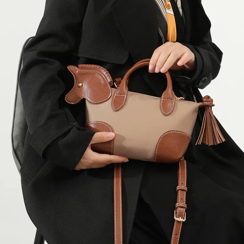 Cute Horse Decor Mini Dumpling Bag Nylon Color Block Women Fashion Shoulder Crossbody Small Tote Purse
