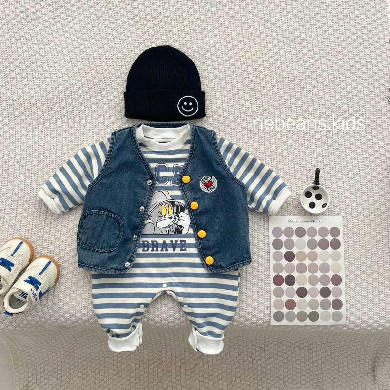 New Spring Autumn Baby Cartoon Cat Romper Infant Boy Girl Long Sleeves Striped Jumpsuit/Denim Waistcoat/Knitwear Cap K1036