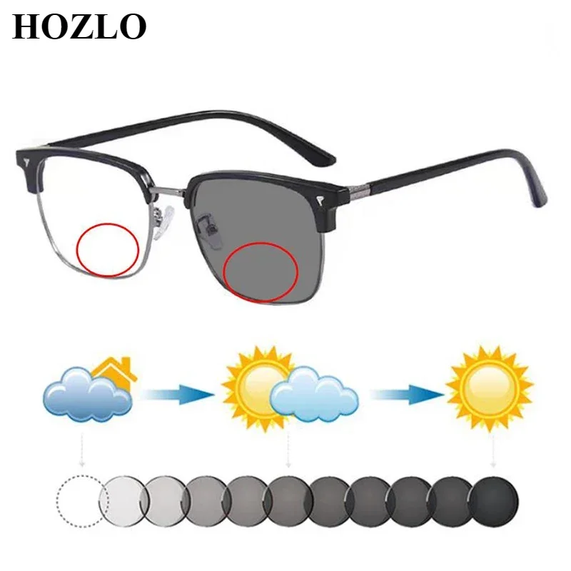 Retro Men Rivets Square Photochromic Bifocal Reading Sunglasses Women Semirim Presbyopia Hyperopia Prescription Spectacles