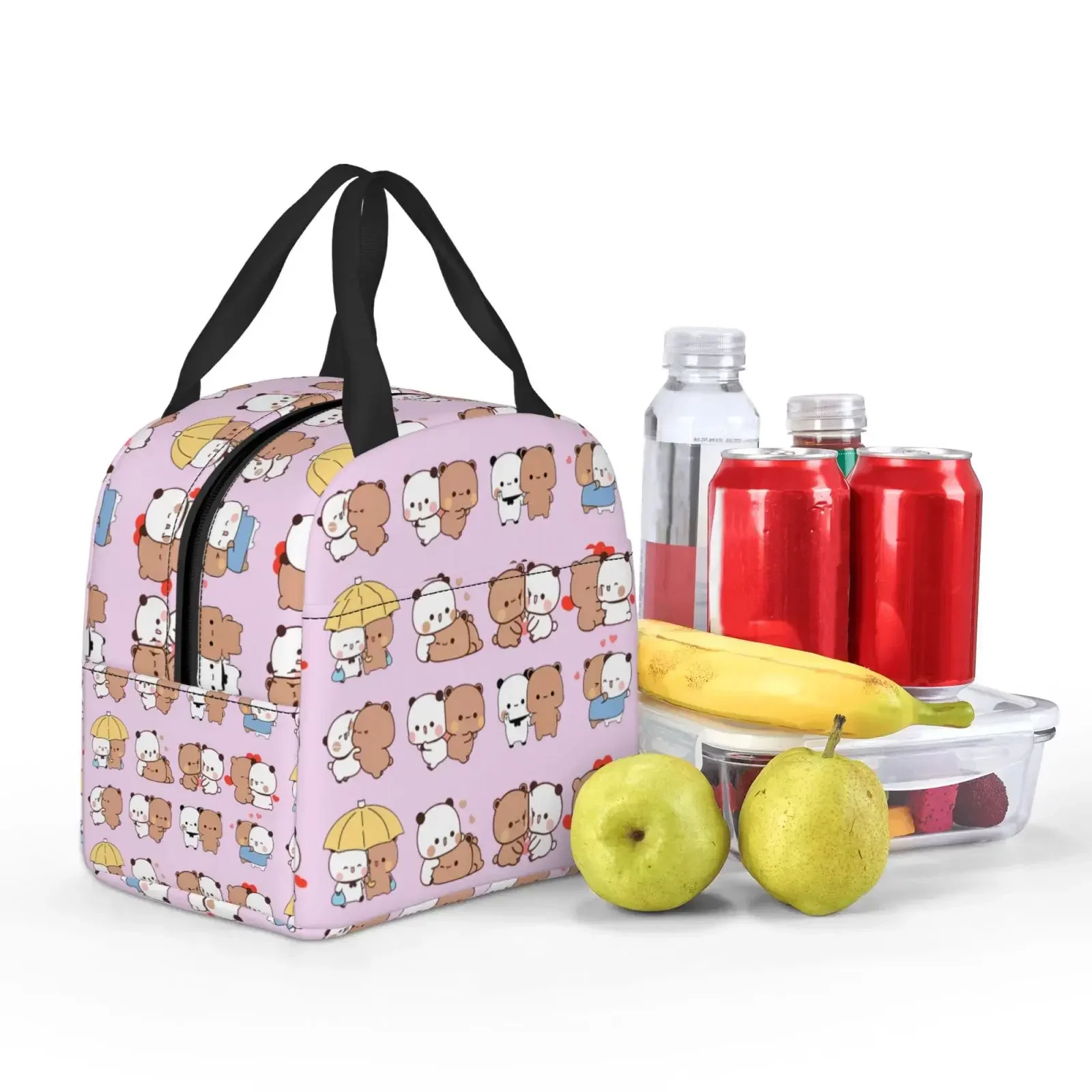 Cute Mochi Peach and Goma Cat Pattern Lunch Tote Bag Insulated Leakproof Lunch Box Container with Front Pocket for Girls Boys