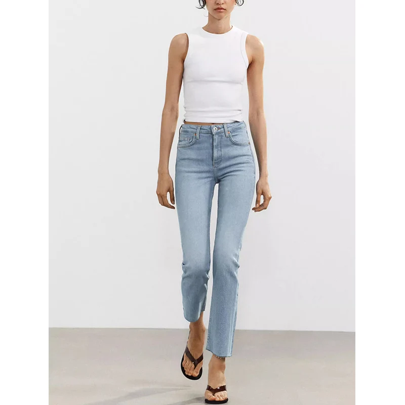 Cintura alta tornozelo comprimento sino bot jeans feminino casual sle botão de metal cinco ket design verão faion senhoras jeans