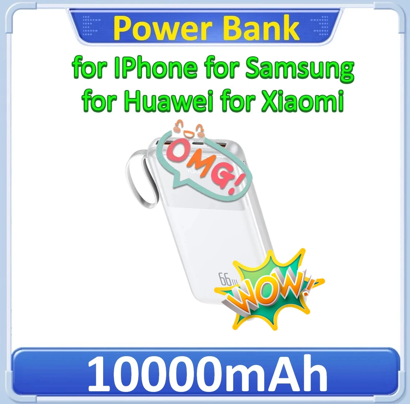 

Mobile Power Bank with Built-in 66W Fast Charging Cable for Apple for Xiaomi for Huawei 10000mAh