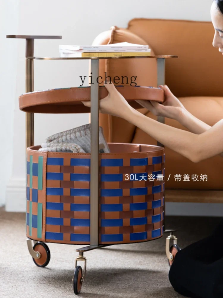 ZK Woven Stainless Steel Double-Layer Trolley Tea Table Movable Side Table Rack Storage Basket