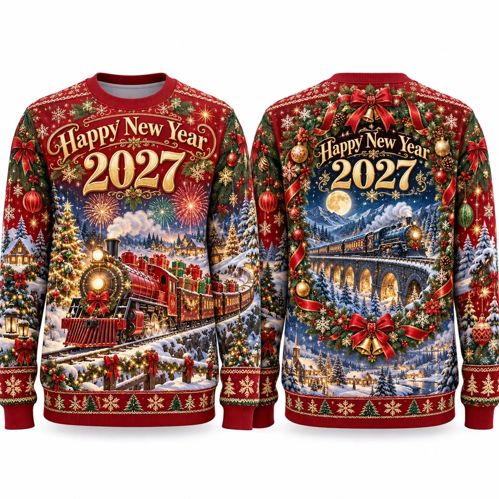 Ride into Happy New Year 2027 with Christmas Train Sweaters An Ugly Christmas Sweater Scene of Stations and Bright Gifts