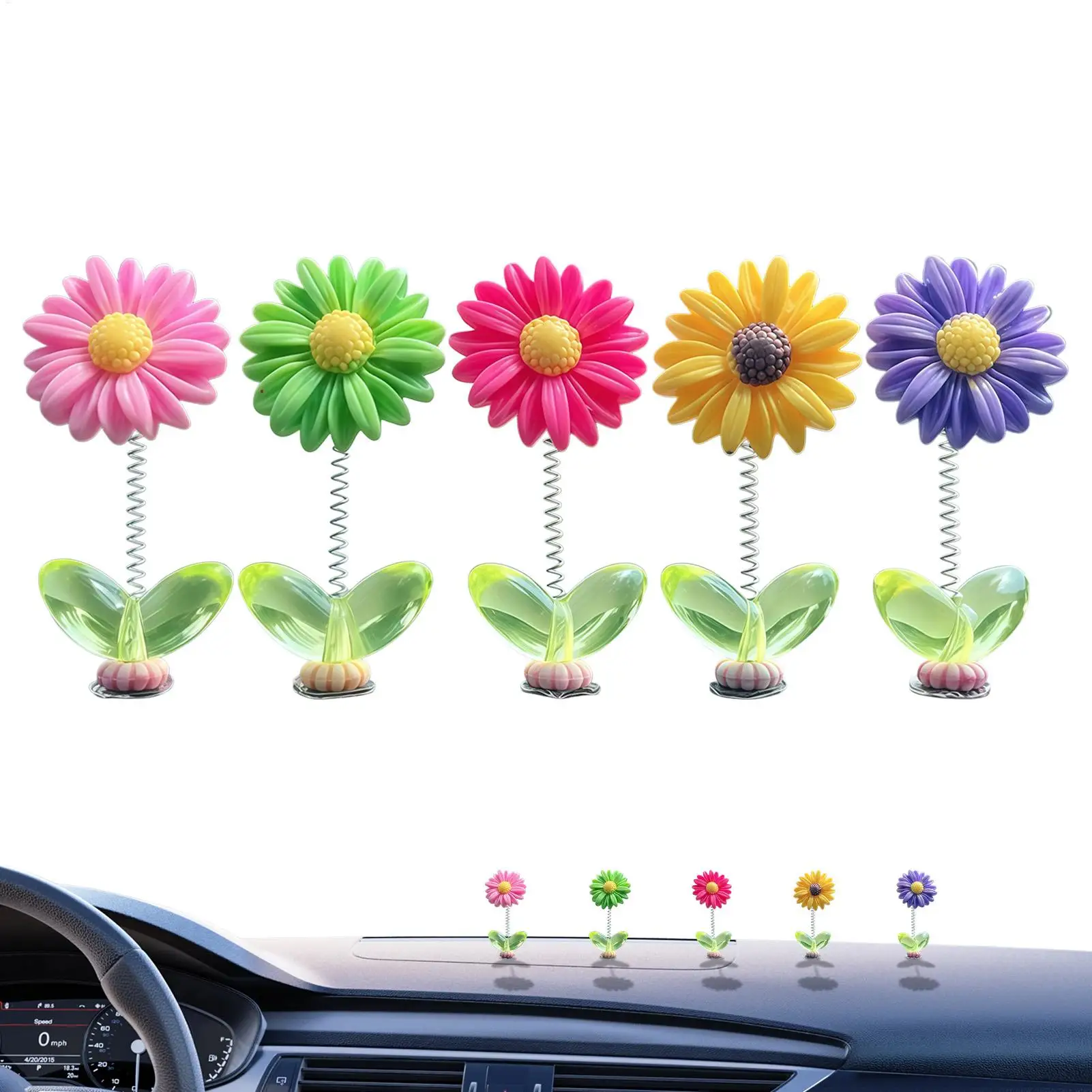 5pcs Cute Shaking Sunflower Car Decor Funny Dashboard Ornament for Car Interior Styling for Office Desk Spring Summer Driver