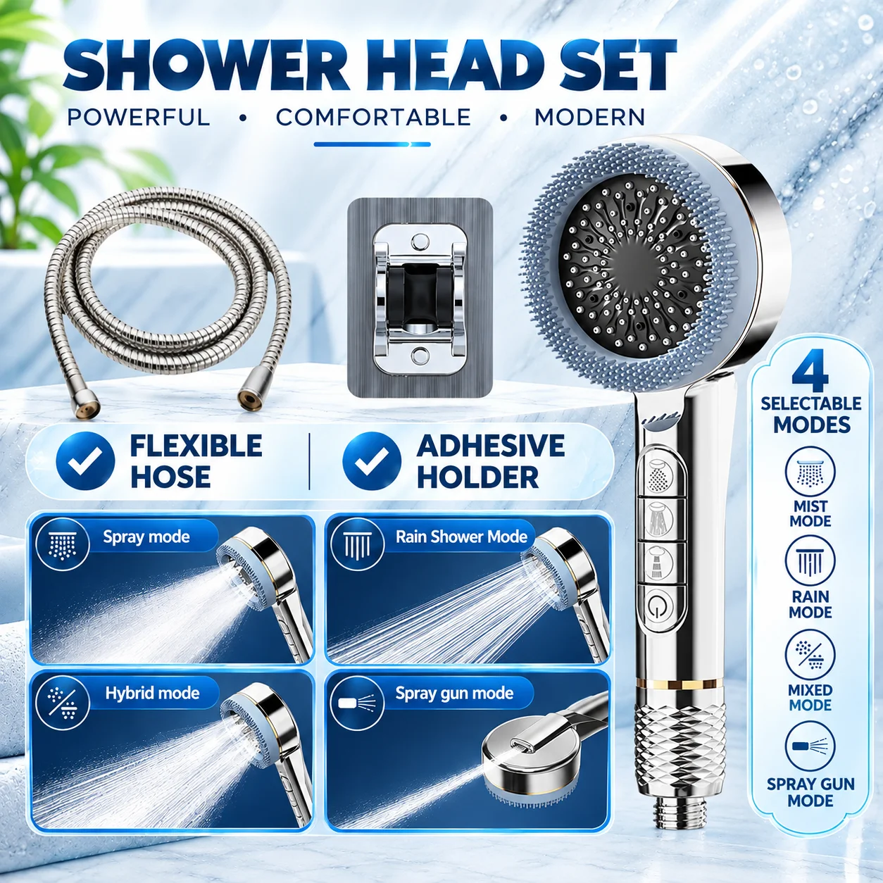 Shower Head 3-Piece Set 4 Spray Modes One-Key Water Stop 1.5m（59.06in） Hose Drill-Free Bracket For Shower Use Only