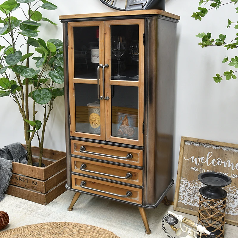 Living Room Solid Wood Tall Storage Cabinet Black Vintage Rustic Industrial Kitchen Cabinet With Glass Doors