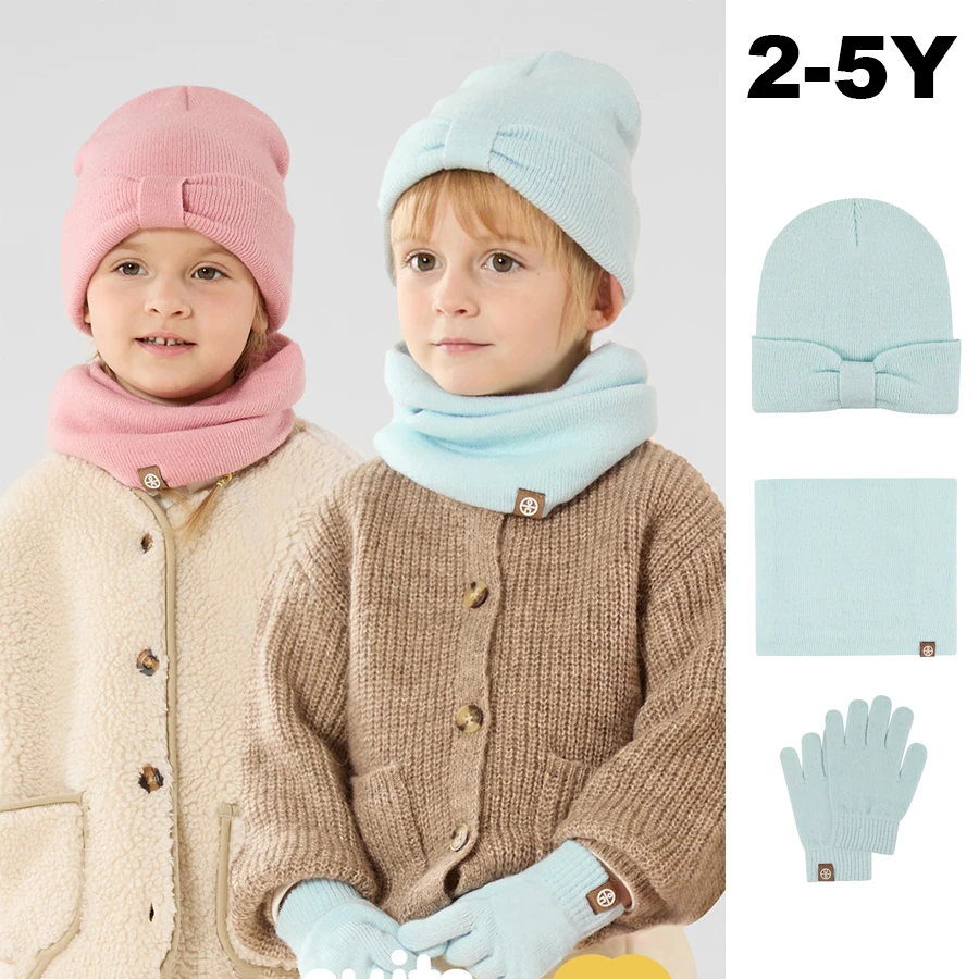 

children winter hat snood gloves sets 3pcs knit beanies plush short scarf cute bowknot kids winter hats set girls boys 2-5Y